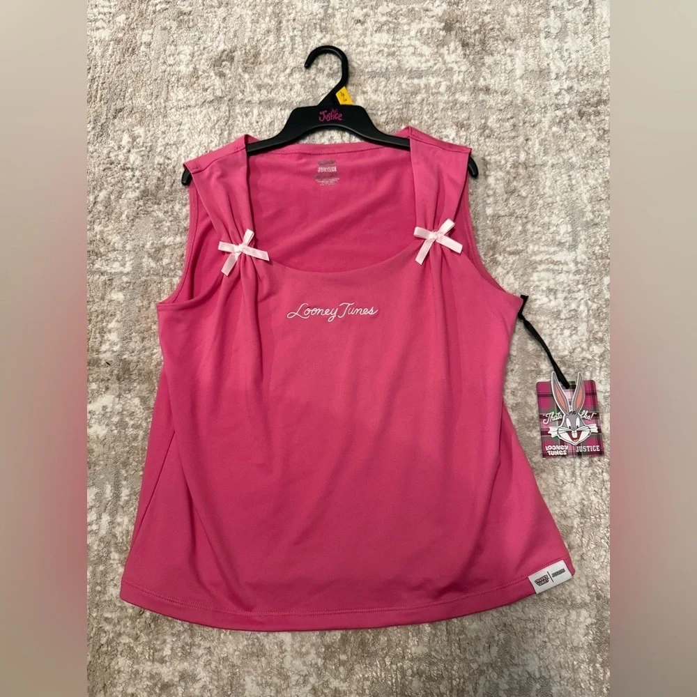Justice Pink Looney Tunes Bow Detail Tank Top size XL 16/18-NWT